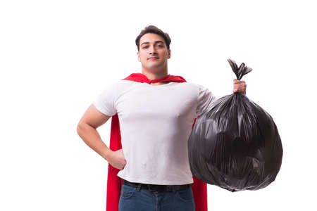 Superhero man with garbage sack isolated on whiteの写真素材