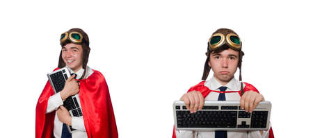 Funny hero with keyboard isolated on the whiteの写真素材