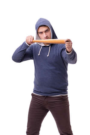 Young man hooligan with baseball bat isolated on whiteの写真素材