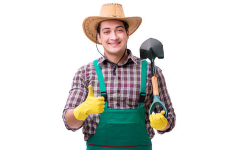 Young man gardener isolated on whiteの写真素材