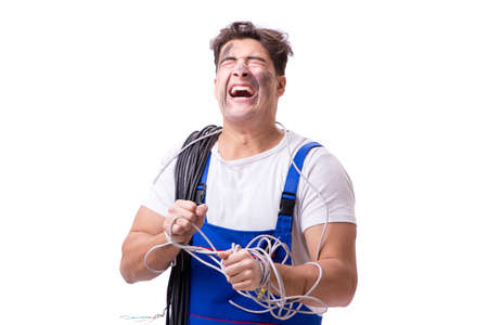 Funny man doing electrical repairの写真素材