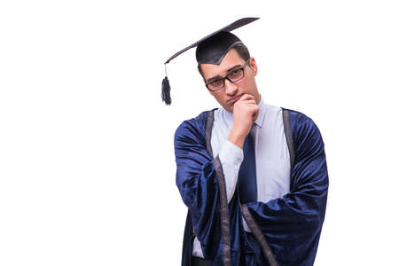Young man student graduating isolated on whiteの写真素材