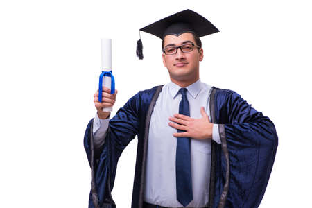 Young man student graduating isolated on white