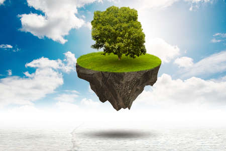 Single tree on floating island - 3d renderingの写真素材