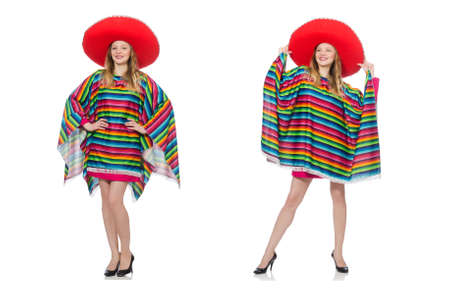 Pretty girl in mexican poncho isolated on whiteの写真素材