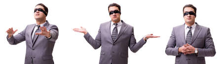Blindfolded businessman isolated on whiteの写真素材