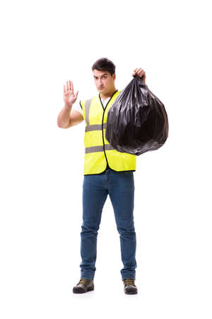 Man with garbage sack isolated on whiteの写真素材