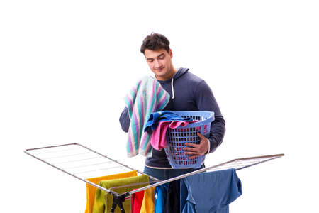 Husband man doing laundry isolated on whiteの写真素材