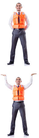 Man in life jacket isolated on whiteの写真素材