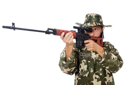 Soldier with weapons isolated on whiteの写真素材