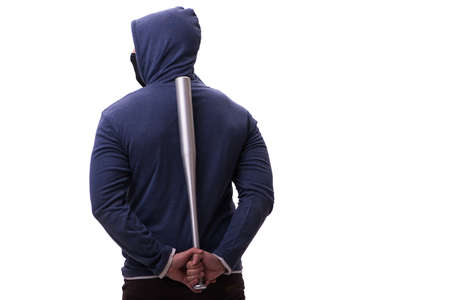 Young man hooligan with baseball bat isolated on white