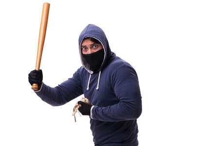Young man hooligan with baseball bat isolated on whiteの写真素材