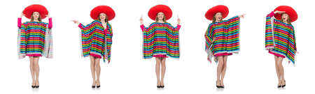 Pretty girl in mexican poncho isolated on whiteの写真素材