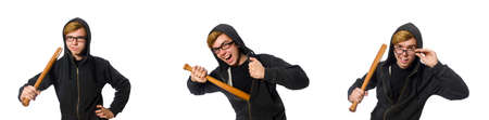 Aggressive man with baseball bat isolated on white