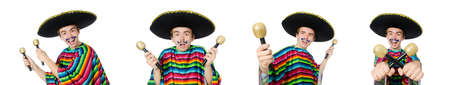 Funny young mexican shaking maracas isolated on whiteの写真素材