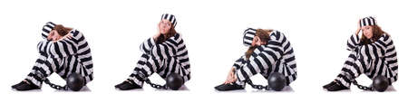 Prisoner in striped uniform on white