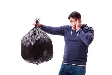 Man with garbage sack isolated on whiteの写真素材