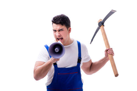 Repairman with megaphone and a digging axe on white background iの写真素材