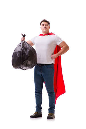 Superhero man with garbage sack isolated on whiteの写真素材
