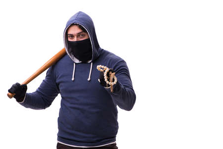 Young man hooligan with baseball bat isolated on whiteの写真素材