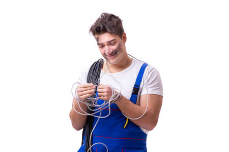 Funny man doing electrical repair