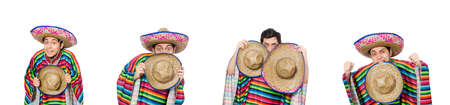 Funny mexican wearing poncho isolated on whiteの写真素材