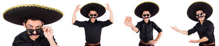 Funny man wearing mexican sombrero hat isolated on whiteの写真素材