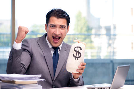 Businessman with money sack bag in officeの写真素材