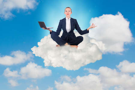 Businesswoman working in the sky and meditating