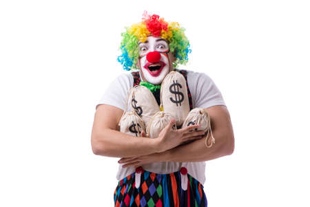 Funny clown with money sacks bags isolated on white backgroundの写真素材