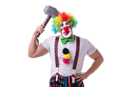 Funny clown with a hammer isolated on white backgroundの写真素材