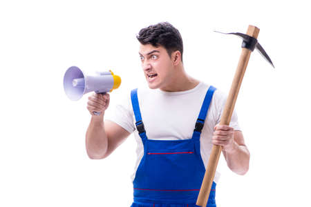 Repairman with megaphone and a digging axe on white background iの写真素材