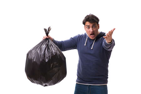 Man with garbage sack isolated on whiteの写真素材