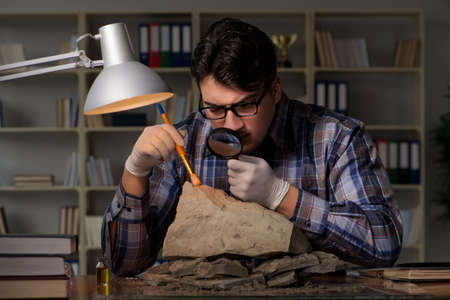 Archeologist working late night in officeの写真素材