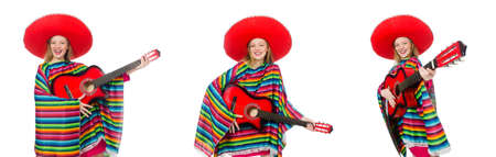 Pretty girl in mexican poncho with guitar isolated on whiteの写真素材