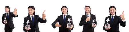 Businessman with star award isolated on whiteの写真素材
