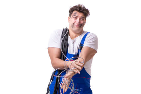 Funny man doing electrical repairの写真素材