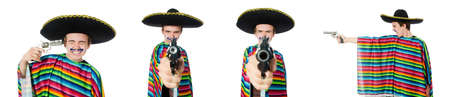Funny young mexican with gun isolated on whiteの写真素材