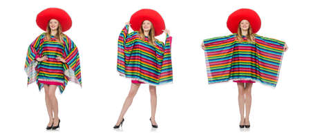 Pretty girl in mexican poncho isolated on whiteの写真素材