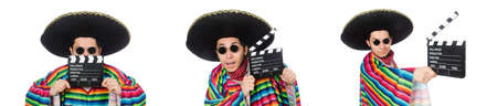 Funny mexican in poncho with clapper-board isolated on whiteの写真素材