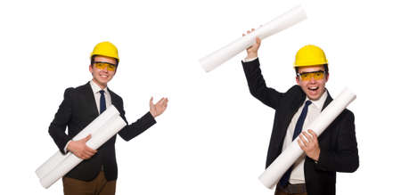 Funny architect with drawings on whiteの写真素材