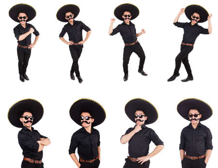 Funny man wearing mexican sombrero hat isolated on whiteの写真素材