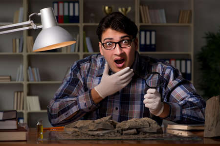 Archeologist working late night in officeの写真素材