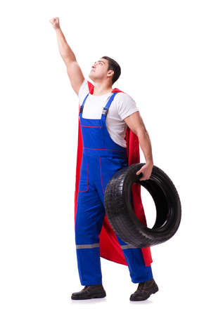 Superhero man with tyre isolated white backgroundの写真素材