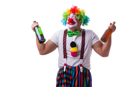 Funny clown with a bottle isolated on white backgroundの写真素材