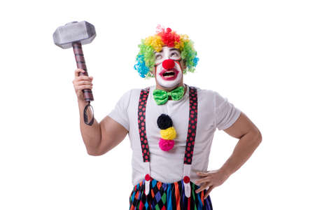 Funny clown with a hammer isolated on white background