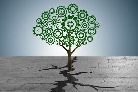 Cogwheel tree growing through soil crackの写真素材