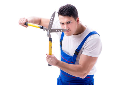 Man gardener with gardening scissors on white background isolate