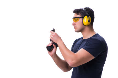 Man doing sport shooting from gun isolated on whiteの写真素材