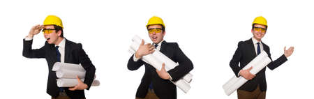 Funny architect with drawings on whiteの写真素材